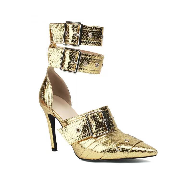 Rivet Denim Buckle Sier Sandals Women's Sexy Punk Style Pointed Metal Hollow Size 34-43 Womens Shoes 8b20