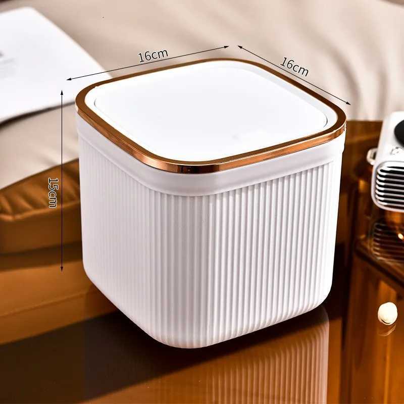 3L Square Press Type Mini Trash Can Quiet Close Elegant Ribbed Design with Golden Accents Plastic Desktop Bin Bathroom Home Use C251120