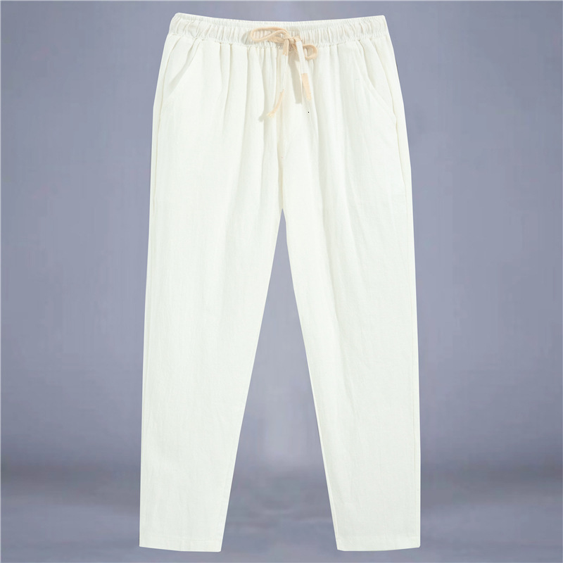 Summer Mens Thin Casual Linen Pants Trendy Youth Loose Fashion Solid Color Cotton and Hemp Haren Nine Part Pants 201031