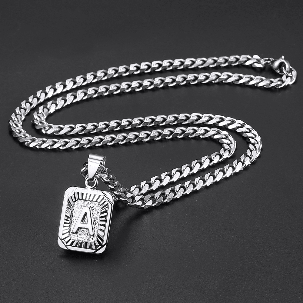 1pc Stainless Steel Square Initial Letter Necklace for Men Women Charms Silver Color Name A-Z Pendant with Cuban Chain