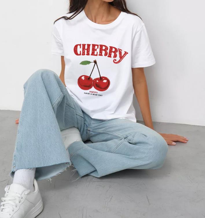 Fashion Women's Graphic Vintage Tees Cherry Bow Letter Print Round Neck T Shirt Casual Summer Short Sleeve Trendy Tops XXXL T-Shirt