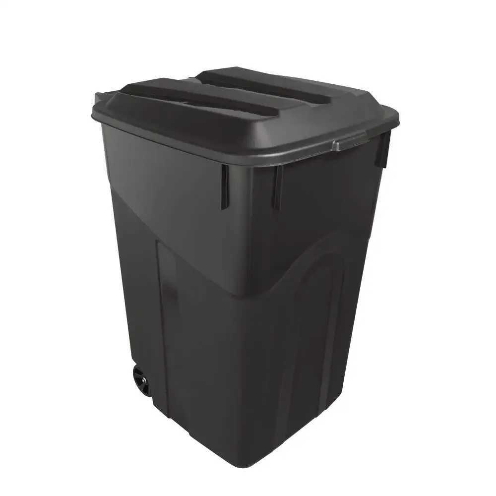 Durable 45 Gallon Plastic Garbage Can with Attached Lid and Wheels Black 2 Pack C251120