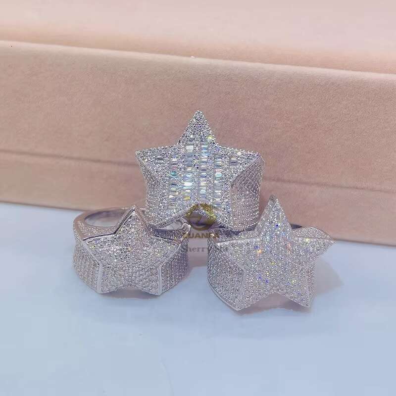 Sterling Silver 925 White Gold Plated Iced Out Hip Hop Men Fashion Vvs Moissanite Star Ring