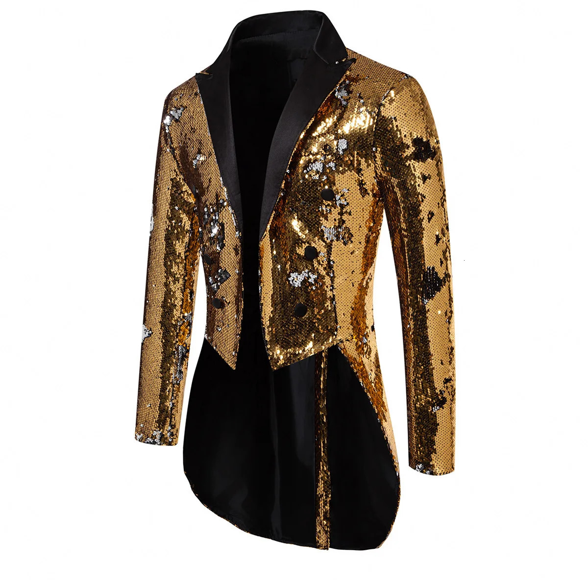 Blue metal shiny sequin tailcoat for men performance party dress jacket fashionable long cardigan wool sweater set red gold Trail Blazer 250418