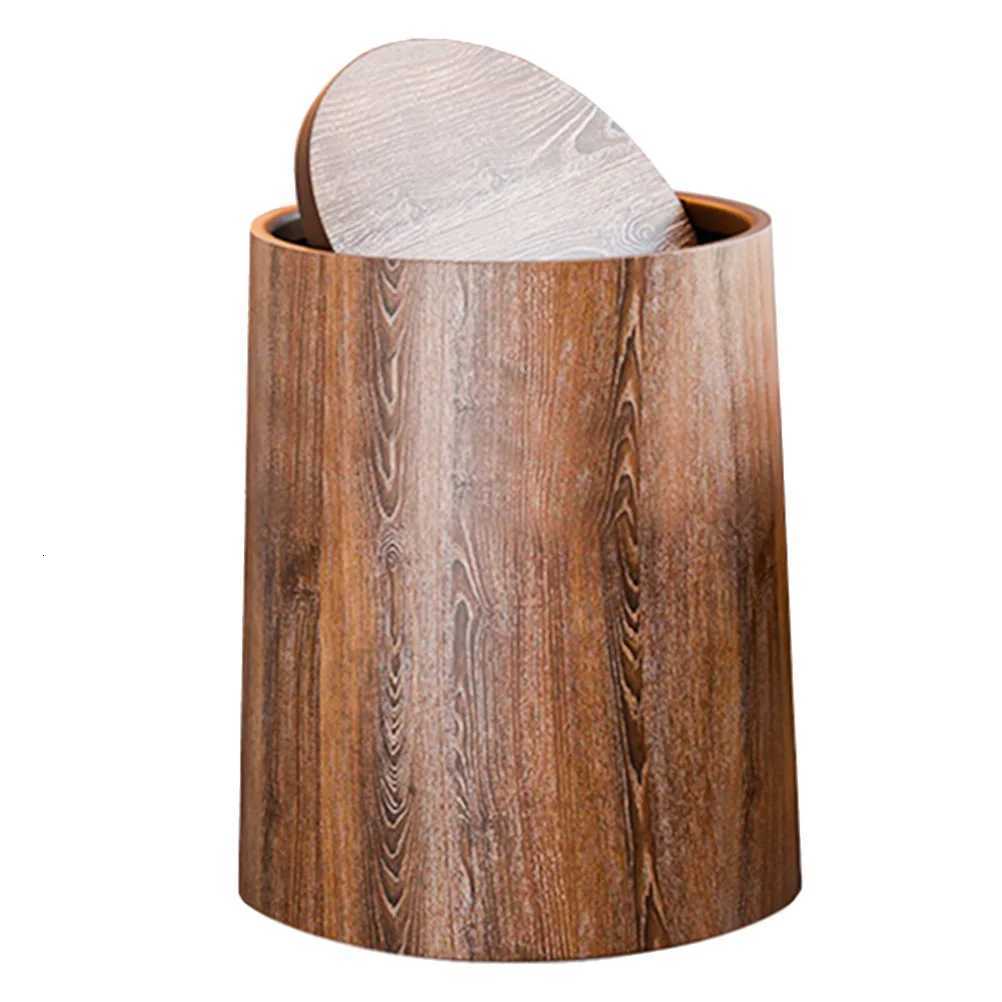 Retro Imitation Wood Grain Trash Can Swing Lid Garbage Bucket Plastic Waste Bin Kitchen Bathroom Household Merchandises Storage C251120