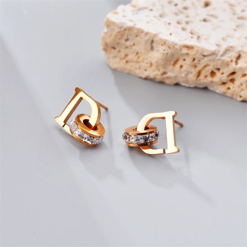 Luxury Brand Designer Jewelry Korean Style Letter D Square Diamond Earrings Dynamic Double Ring Rose Gold Titanium Steel Earrings Real Gold Plating Te