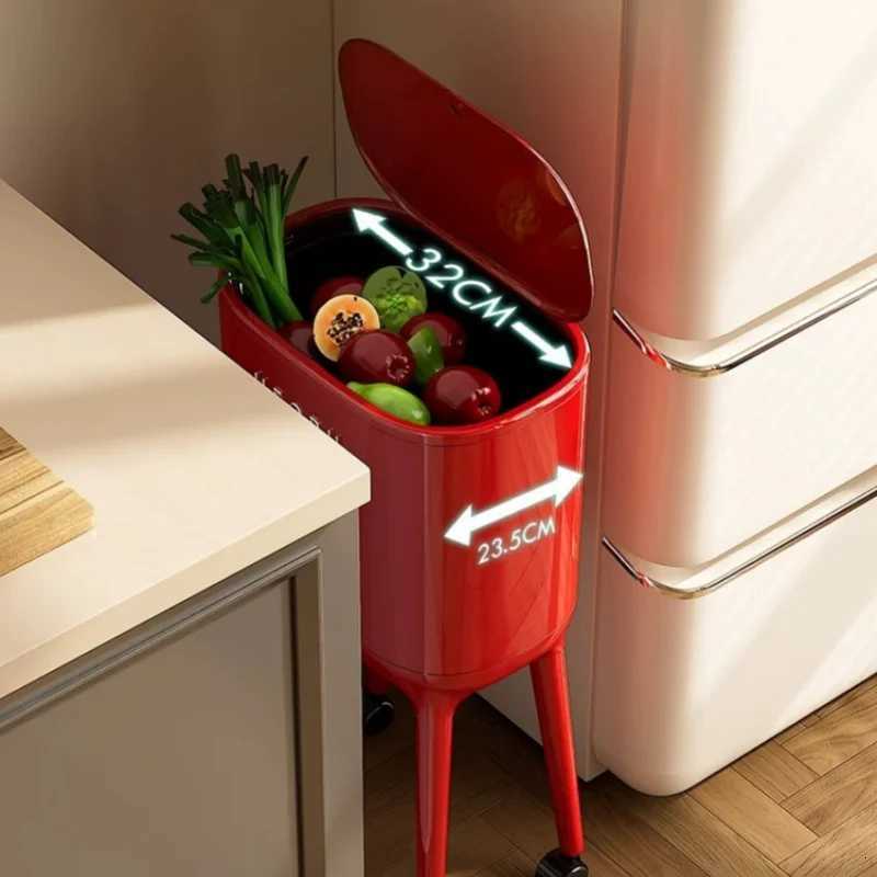 Bend-free High-leg Trash Can With Press-to-open Lid - Large-capacity Oval Kitchen Living Room Garbage Bin Featuring A Red Mod C251120