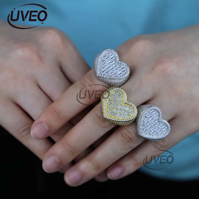 Big Heart Shaped moissanite Dia 14k gold Full Paved White Baguette CZ Iced Out Bg Square Cubic Zircon Fashion Lover Jewelry Sier Ring for Women Men