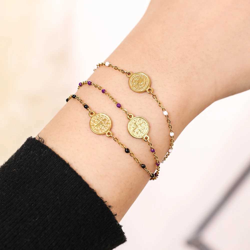ZMZY Small Catholic Religious Rose Saint Benedict Medal Saint Benito Stainless Steel Bracelet Chain Charm Label Y250420