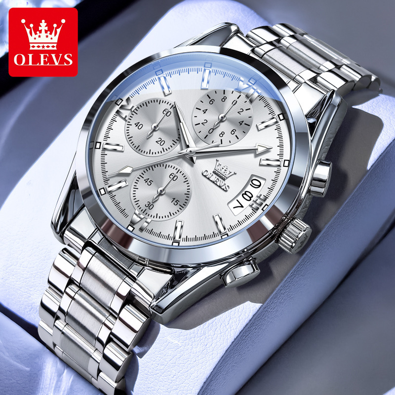 OLEVS Designer Men's Watches Three-eye Multi-functional Fashionable Steel Band Waterproof Quartz Men's Watches Luxury Watches Free Delivery 