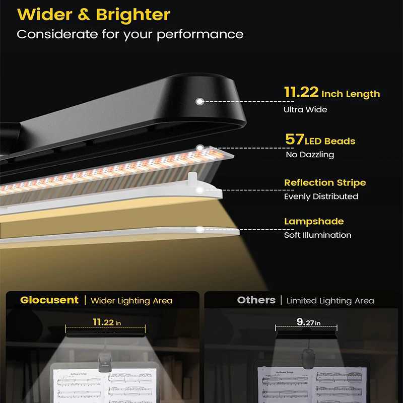 NV 57 LED Super Bright Music Stand Light Eye Caring Clip-on Piano Light USB-C Rechargeable Dimmable Music Sheet Piano Light Lamp M251120