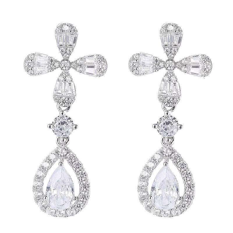 High-end Rhodium-plated S Sier Designer Water Drop Chandelier Earrings Four-leaf Clover Teardrop Heishi Anniversary