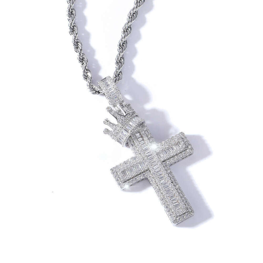 Luxury designer Crown Cross with real gold plated sterling silver set Ice out VVS Moissanite Hip Hop Men Women Necklace Pendant Free shipping