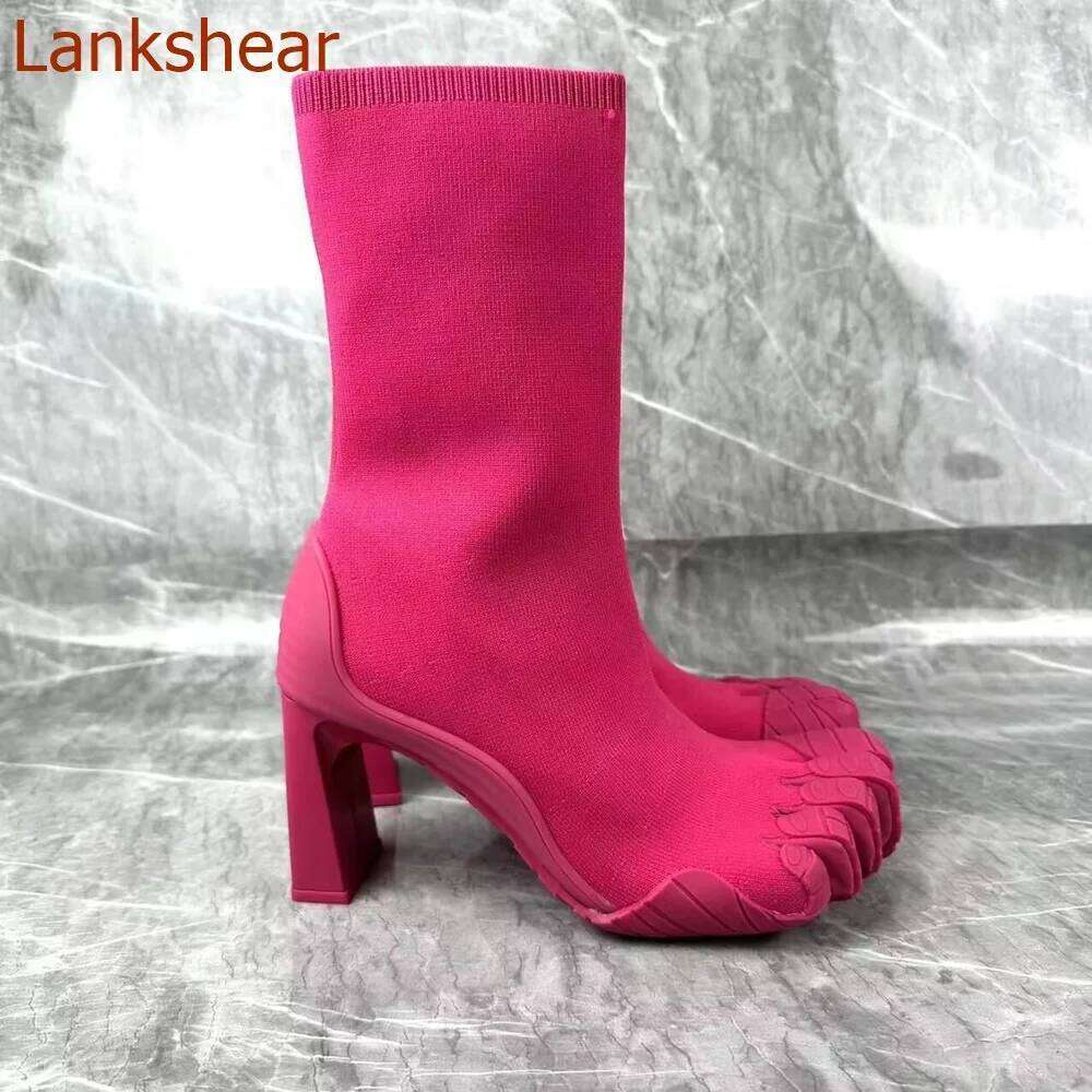 Split Toe Boots Square Heel Modern Side Zipper Mixed Color Mid Calf Fashion Sexy Women Shoes 2024 New Arrivals