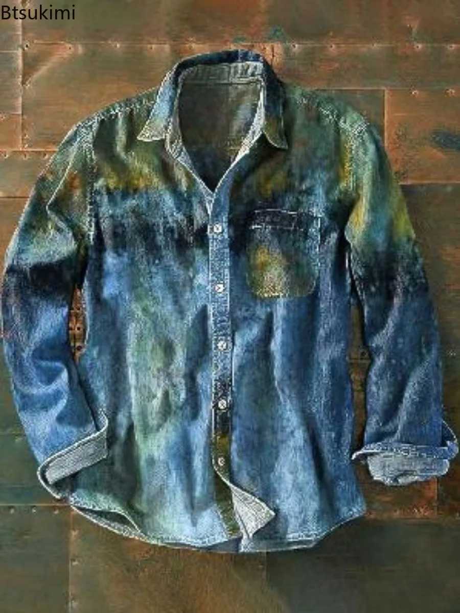 2025 New Mens Vintage Casual Shirts 3D Print Loose Casual Lapel Shirt Jackets Male Streetwear Spring Autumn Long Sleeve ShirtsM251120