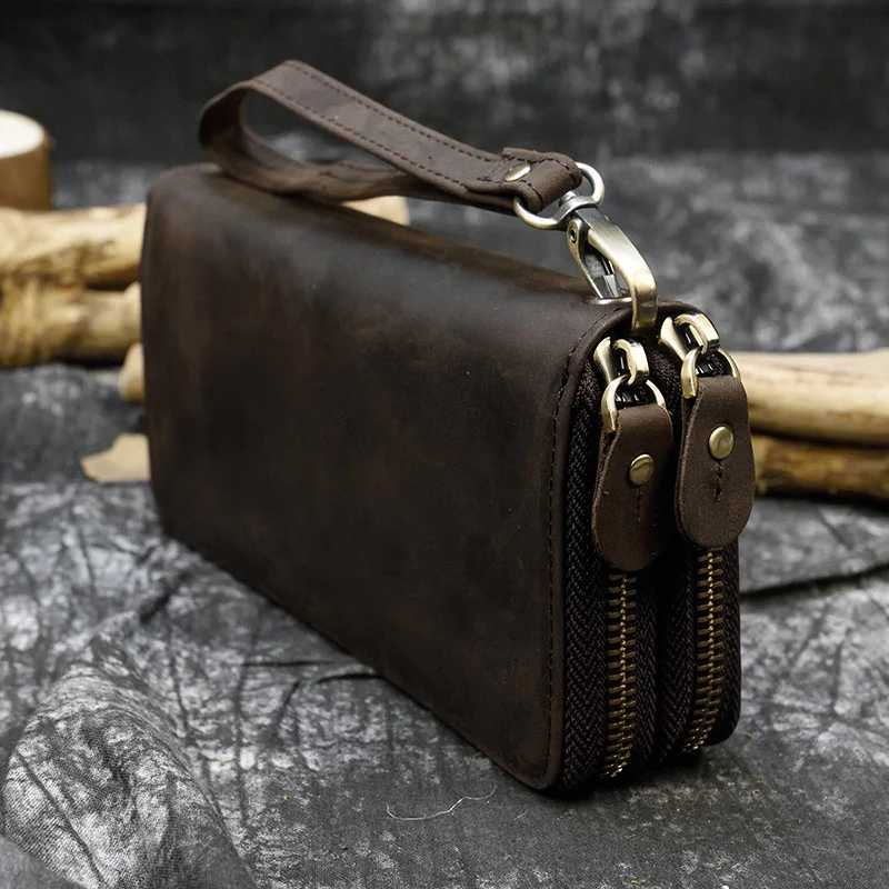 Retro Crazy Horse Leather Wallet Mens Clutch Wallet Double Zipper 24 Card Clutch Retro Womens Genuine Leather Long Wallet W250419