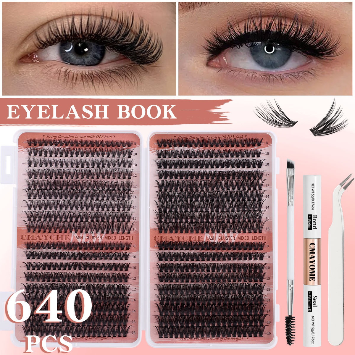 640Pcs DIY Individual Eyelashes Natural Thick DIY Cluster Lashes Kit with Lash Bond & Seal Handmade Reusable Cluster Segmented Eyelash Extensions