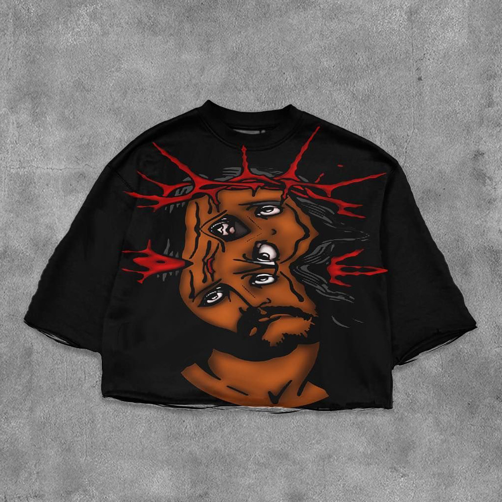 Lanjia- Blutosatire Boxy Cartoon T-Shirt - Gothic Hip Hop Anime Graphic Print Oversized Streetwear Tee For Men & Women 42E59