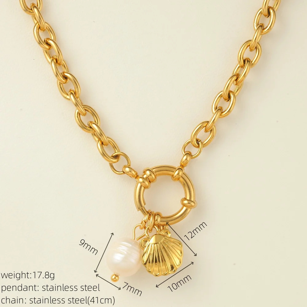 Gold necklace spring buckle womens freshwater pearl stainless steel shell dolphin pendant jewelry set 250420