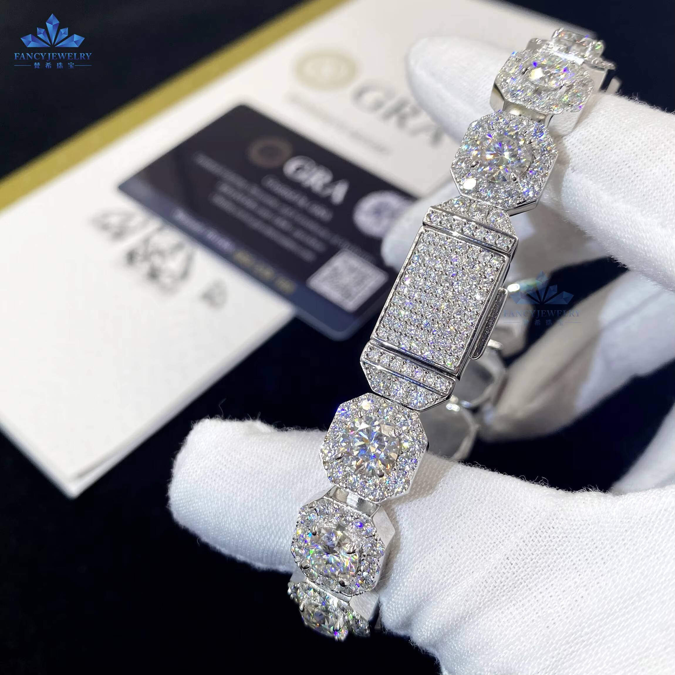 Hip Hop Iced Out Round Brilliant Cut VVS Moissanite Diamond 11MM Square Cluster Tennis Chain 925 Silver Bracelet for Men Women