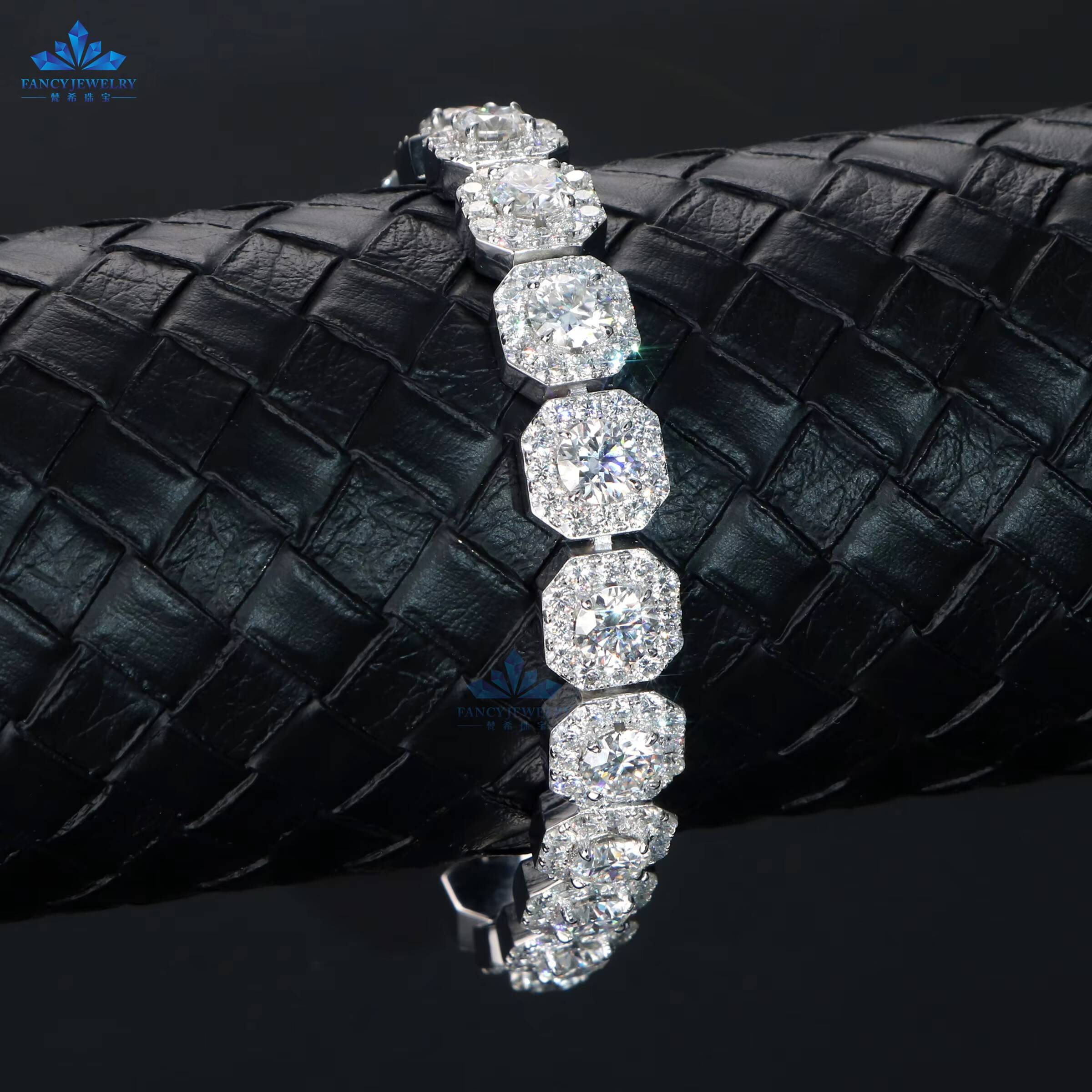 Hip Hop Iced Out Round Brilliant Cut VVS Moissanite Diamond 11MM Square Cluster Tennis Chain 925 Silver Bracelet for Men Women