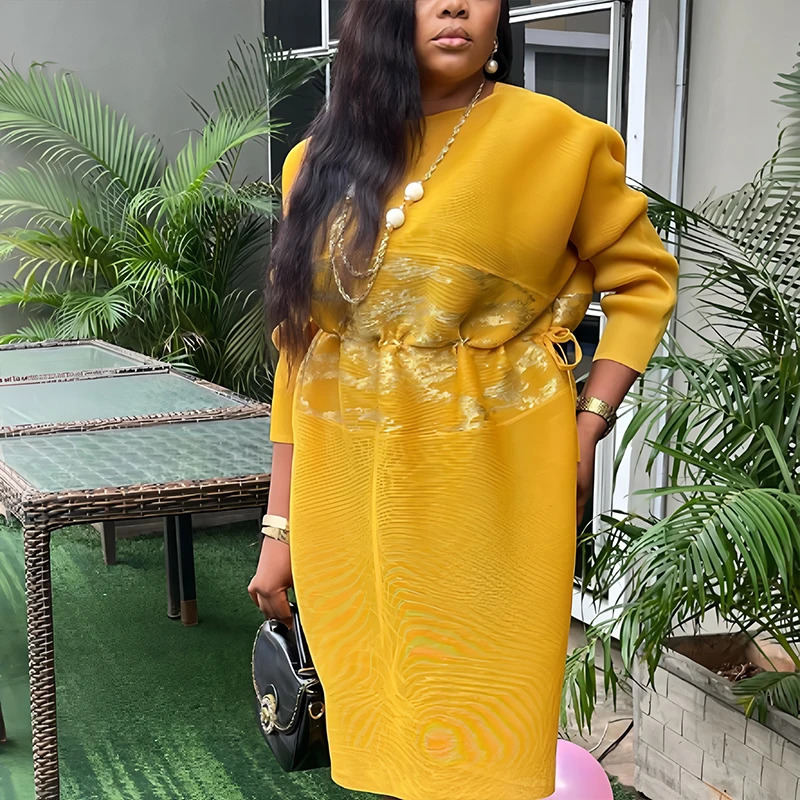 Plus size pleated dress for women in Africa promotional clothing casual y evening party goldplated long sleeved womens fashion 250420