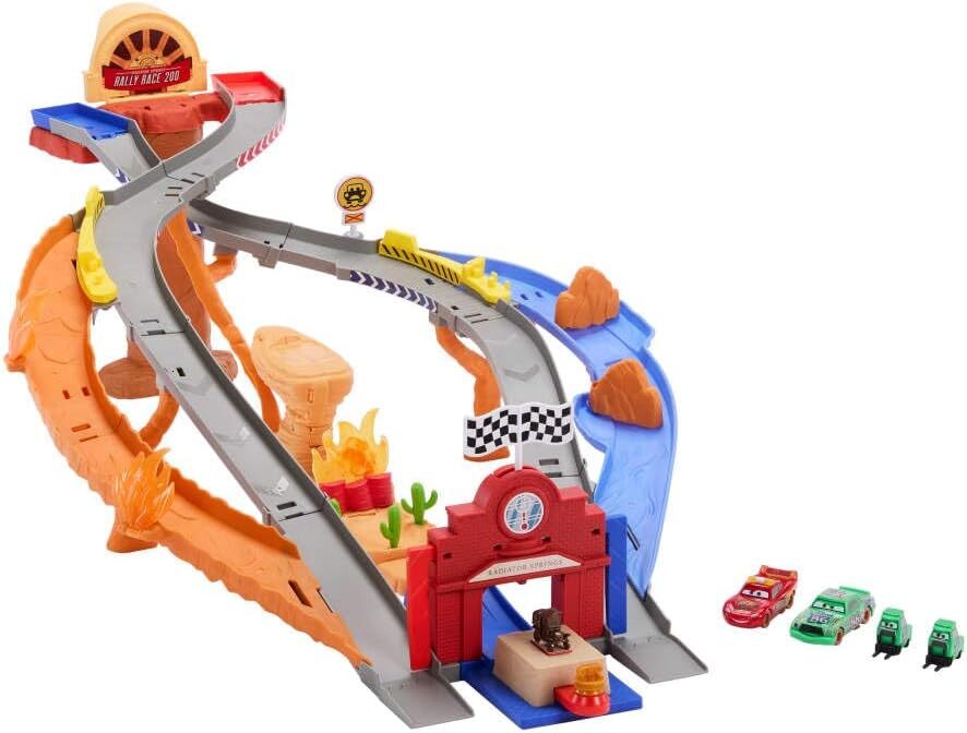 custom Mattel Disney and Pixar Cars Toy Playset, Lightning McQueen Chicks Hicks Pitty Crew Vehicles, 2 Ways to Race, Race & Rescue Road Raceway