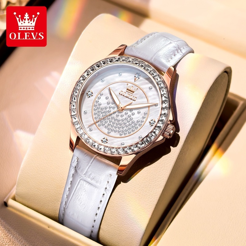 OLEVS Designer Women's Watches Starry Diamond Rings Leather Straps Luminous Waterproof Quartz Watches Luxury Women's Watches Free Delivery