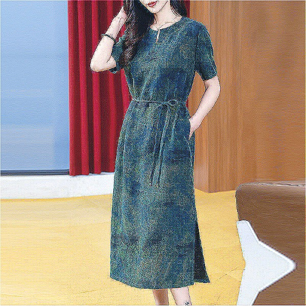 696 High-end tie-dyed Xiangyun yarn dress for women Spring and summer new style silk loose slim lace-up mulberry silk long skirt