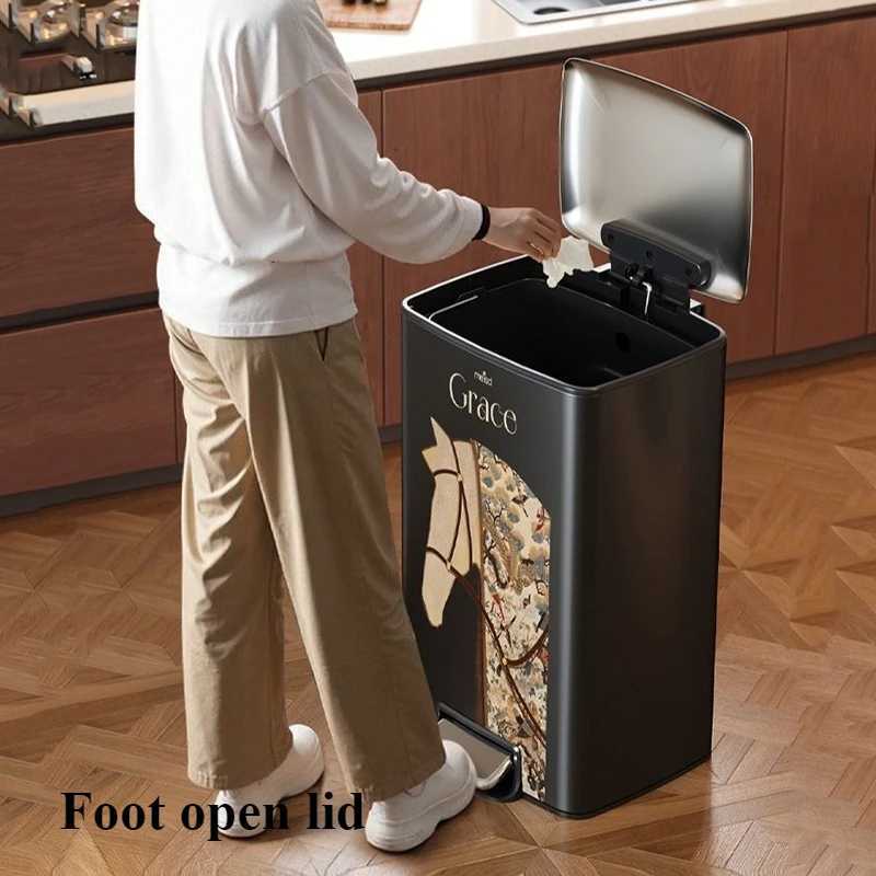 luxery Stainless Steel Waste Bins Foot Pedal Trash Cans Kitchen Modern Litter Bin Living Room Large Capacity Garbage Can with Lid C251120