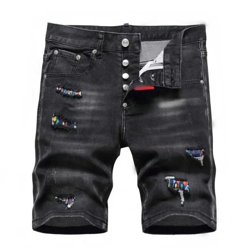 New summer Italian street style mens black denim shorts with high-quality elasticity suitable for tearing denim shorts size 42XJ250419
