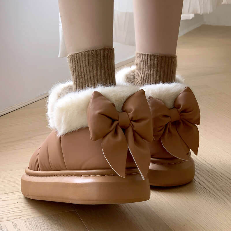 Bowknot Slippers for Women Winter Heel Cover Fleece Lined Cotton Shoes 2023 New Ins Style Girl's Warm Thick Sole Outdoor Wear