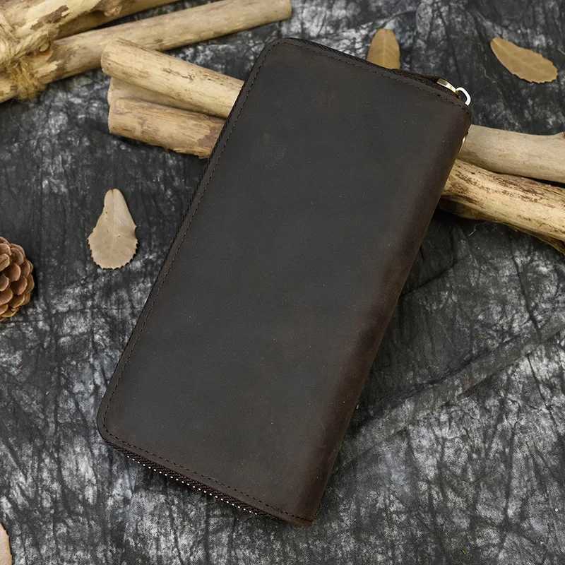 Retro Crazy Horse Leather Wallet Mens Clutch Wallet Double Zipper 24 Card Clutch Retro Womens Genuine Leather Long Wallet W250419