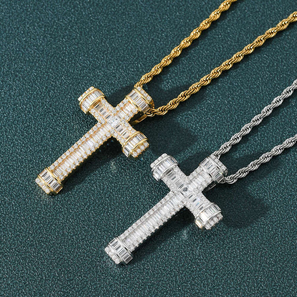 Luxury Designer Ha Cross Necklace Pendant Sterling Silver Gold Plated Micro Inset T Square Ice out VVS Moissanite Hip Hop Cross Pendant Free shipping