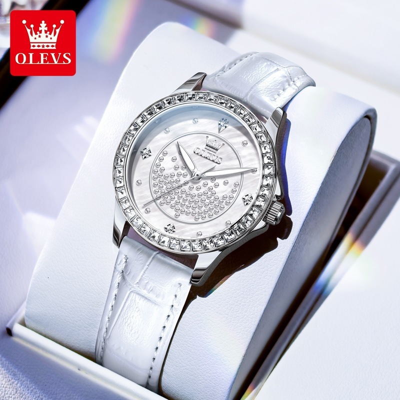 OLEVS Designer Women's Watches Starry Diamond Rings Leather Straps Luminous Waterproof Quartz Watches Luxury Women's Watches Free Delivery