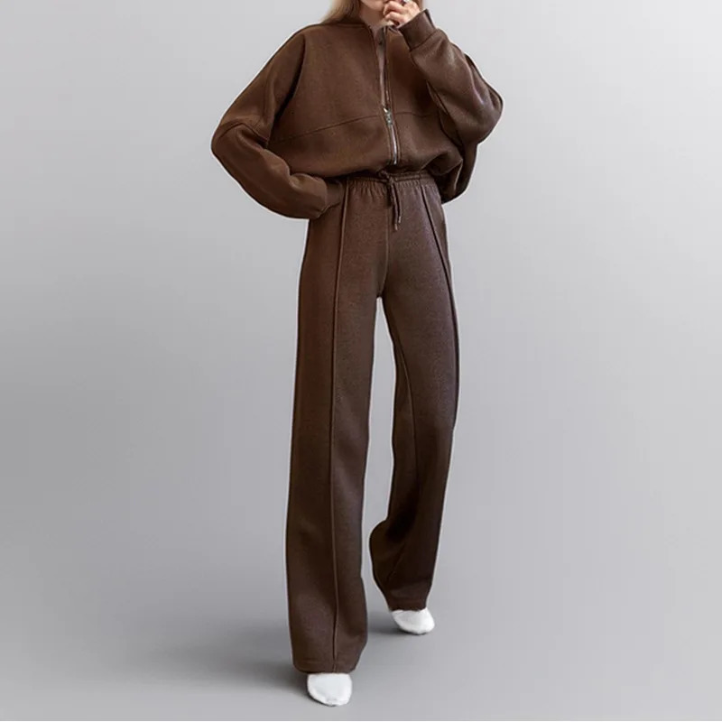 Womens wool lined hooded jacket high waisted casual pants set thick in winter warm loose outdoors track suit 250418