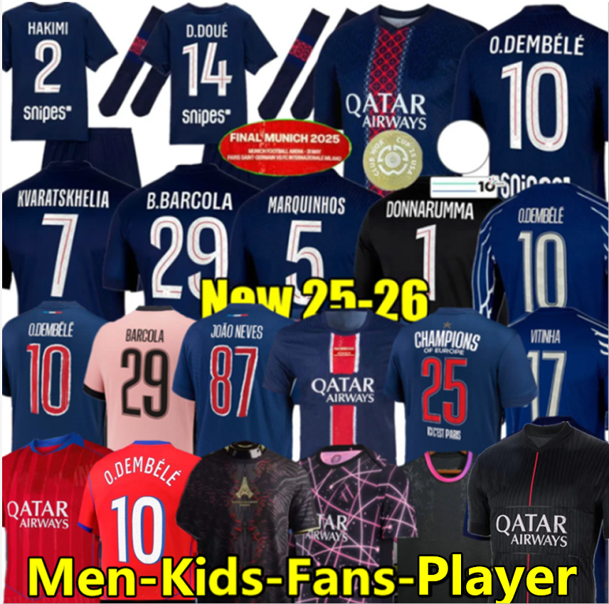 FINAL 25 26 D.DOUE KVARATSKHELIA Maillot de Foot Joao Neves Paris Jerseys Marquinhos Dembele Barcola Hakimi Ugarte Futebol camisa 2025 2026 Men Kit