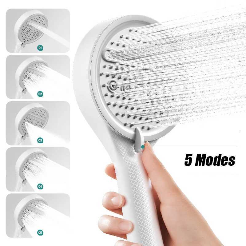 5 Modes Adjustable Shower Head Bathroom Water Saving Showerhead with Hose Base Carbon Fiber Pattern Bathroom AccessoriesM251120