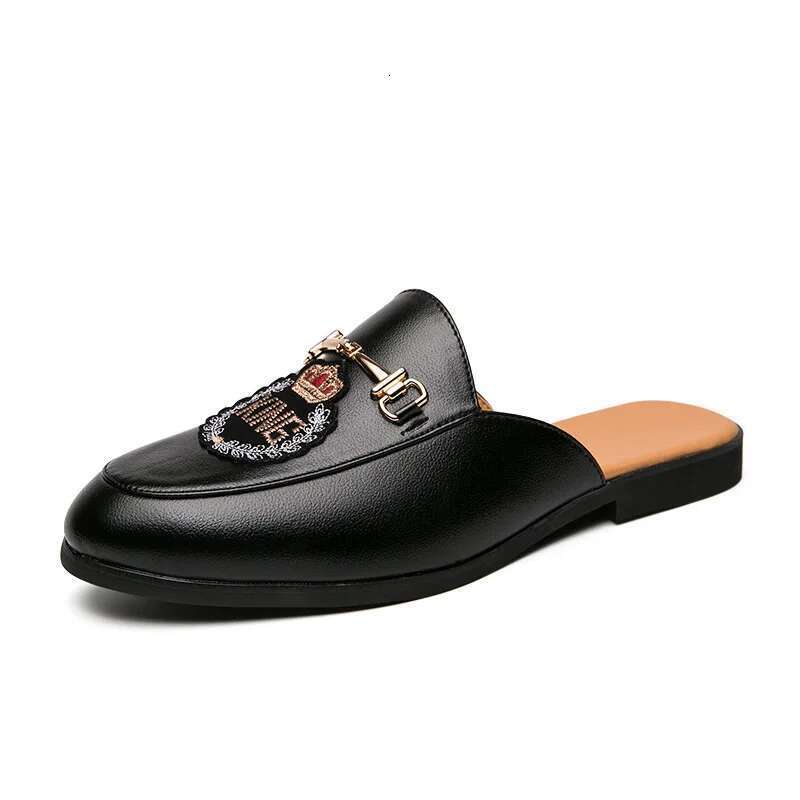 Bean Shiny Semi Slipper Leather Toe Cap Slippers Casual Men's Fashionable Embroidered Shoes