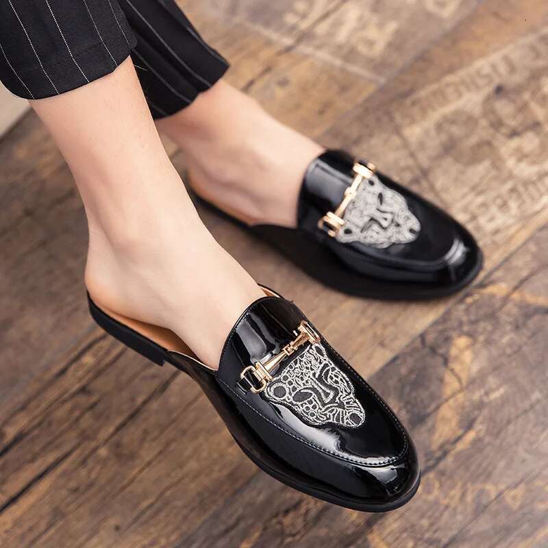 Bean Shiny Semi Slipper Leather Toe Cap Slippers Casual Men's Fashionable Embroidered Shoes