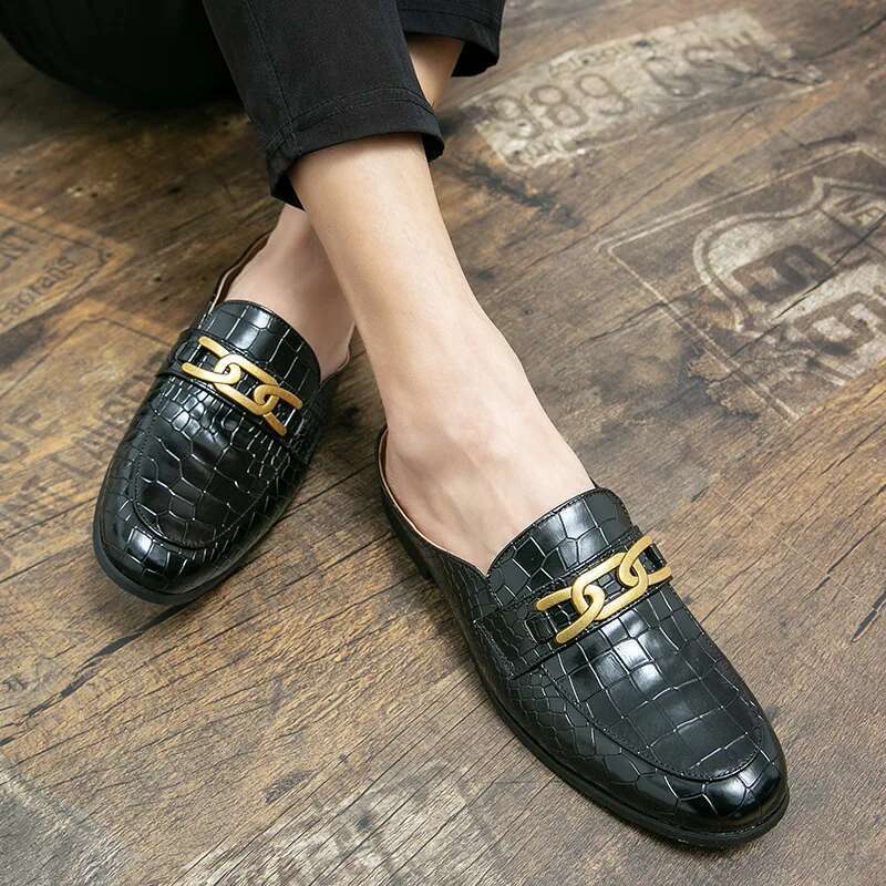 Summer Brand Casual Mens Half Drag Loafers Leather Slipper Breathable Slip on Lazy Driving Shoes Men Moccasins