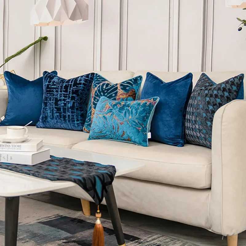 Pillow Case Luxury Blue Velvet Cushion Cover High-end Geometry Decorative Cover for Sofa Livingroom case 30x50 45x45 50x50CM C251120