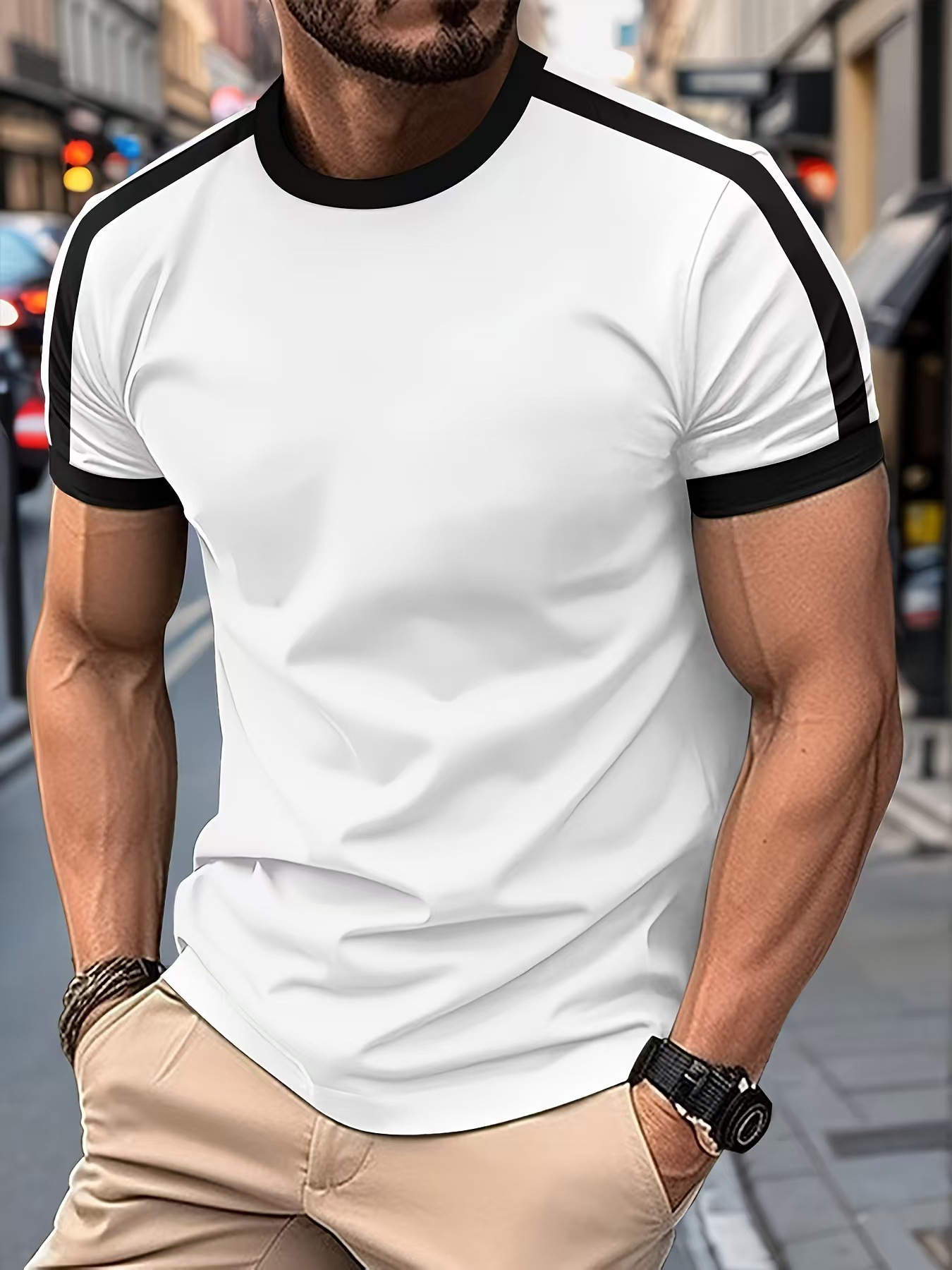 New Summer Elastic Casual Short-Sleeved Men's Daily Party Home Social Color matching T-Shirt Solid Color Vintage Streetwear Top R250420