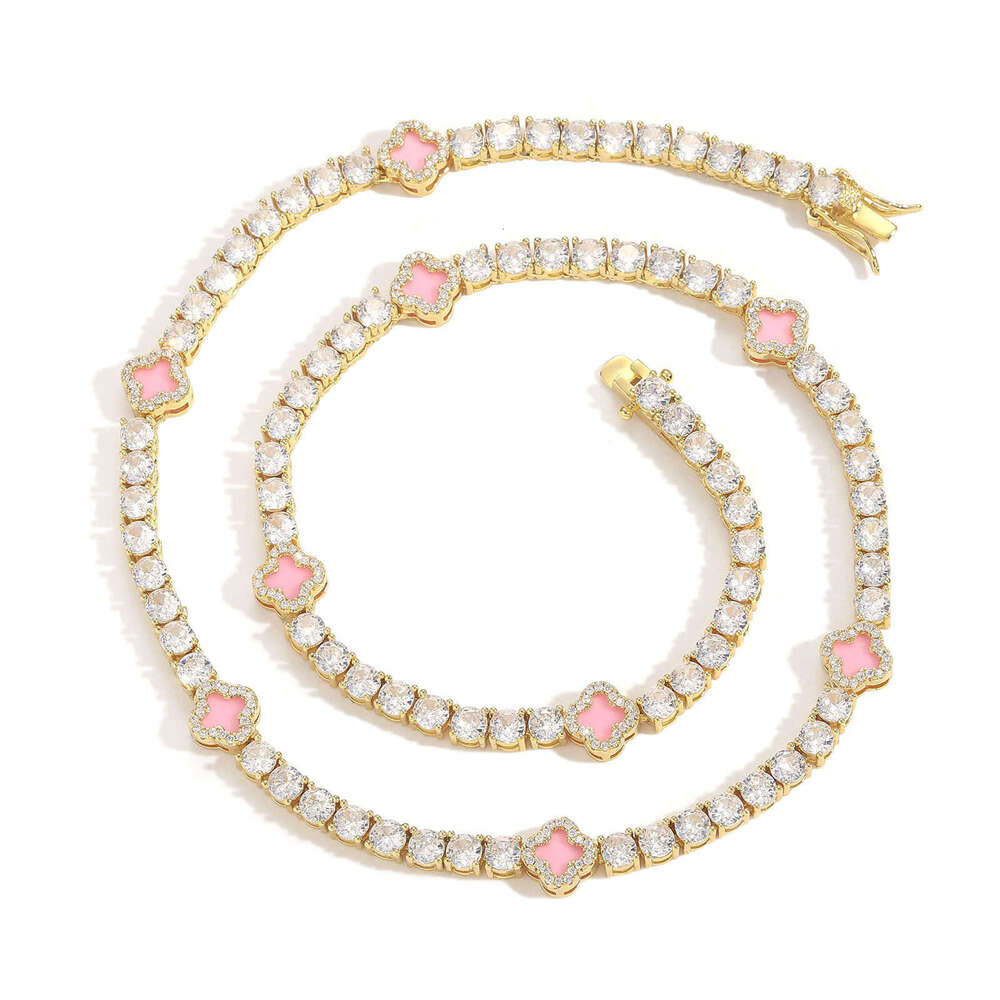 Luxury hip hop four-leaf clover set Ice out VVS Moissanite tennis necklace bracelet, men and women's collarbone chain Free delivery