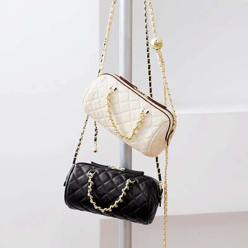 WOONAM Women Fashion Handbag Genuine Calf Leather Quilited Stich Check Barrel Chain Shoulder Crossbody Bag
