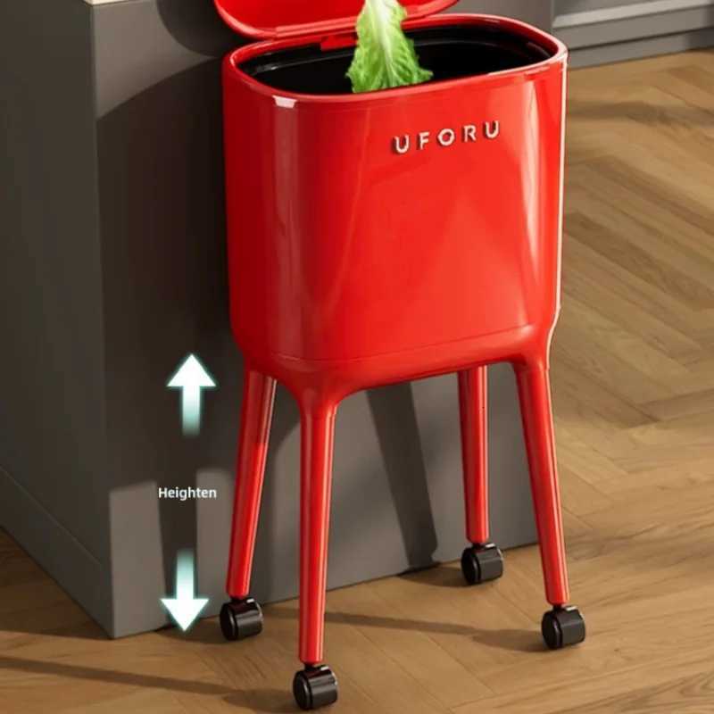 Bend-free High-leg Trash Can With Press-to-open Lid - Large-capacity Oval Kitchen Living Room Garbage Bin Featuring A Red Mod C251120