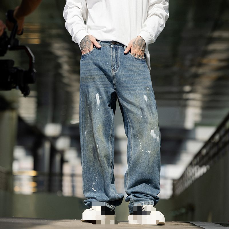 American high street paint splash-ink loose straight jeans for a cool and versatile guy---C011