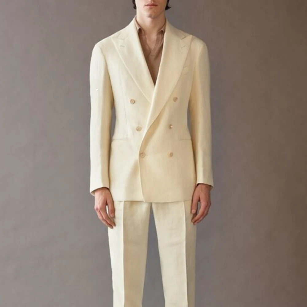 Mens linen cream double breasted evening gown wedding ball beach casual business suit twopiece set jacket pants 250420
