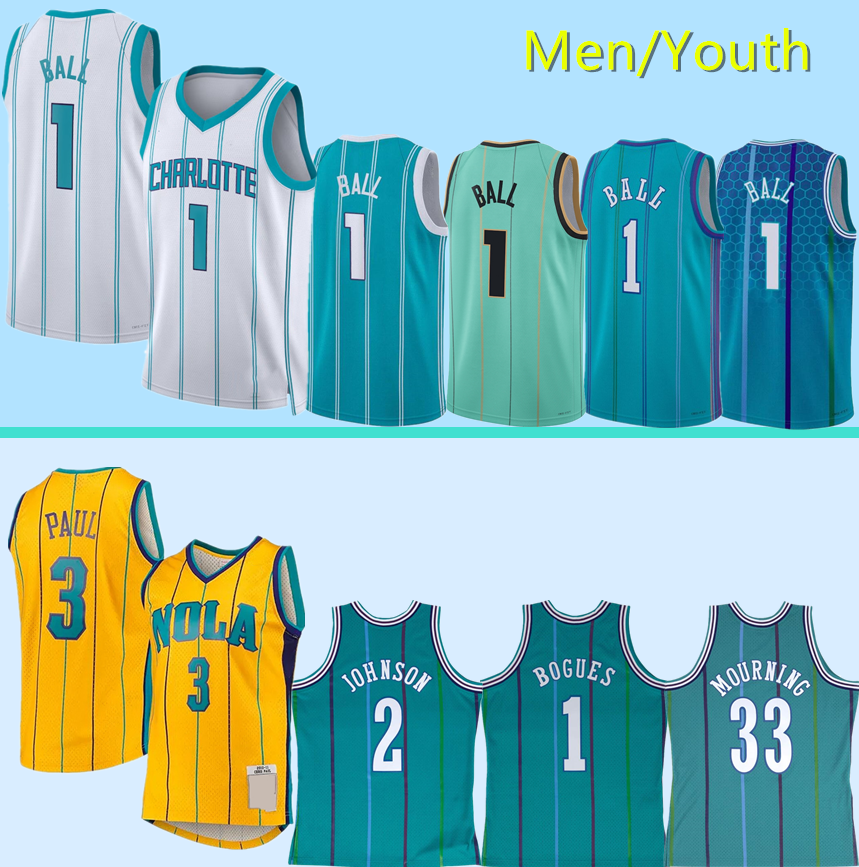 LaMelo Ball Basketball Jerseys Alonzo Mourning #33 Larry Johnson #2 Muggsy Bogues #1 Chris Paul #3 white green black retro Men youth women S-XXL 2024/25 city jerseys