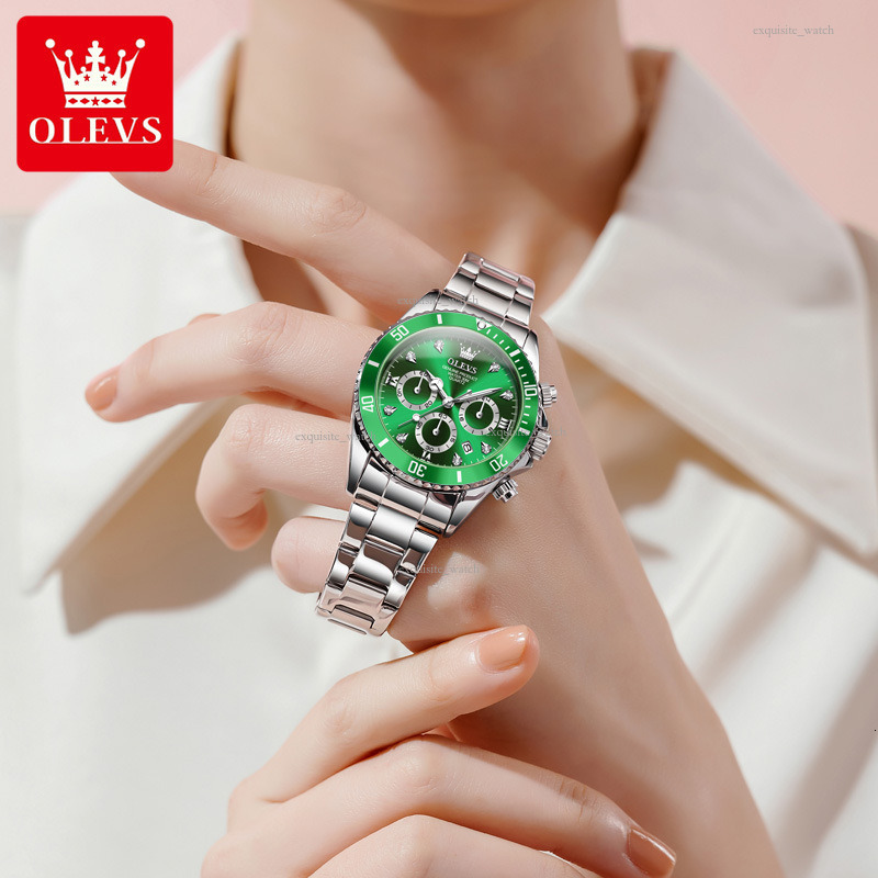 OLEVS Designer Women's Steel Band Multi-functional Green Submariner Quartz Watch Women's Hand Luxury Watch Free Delivery Wholesale